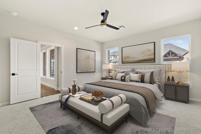 bedroom featuring baseboards, visible vents, a ceiling fan, carpet floors, and recessed lighting