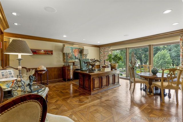 home office with parquet flooring, crown molding, and wooden walls