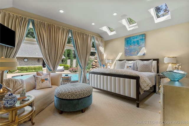 bedroom featuring light colored carpet and vaulted ceiling