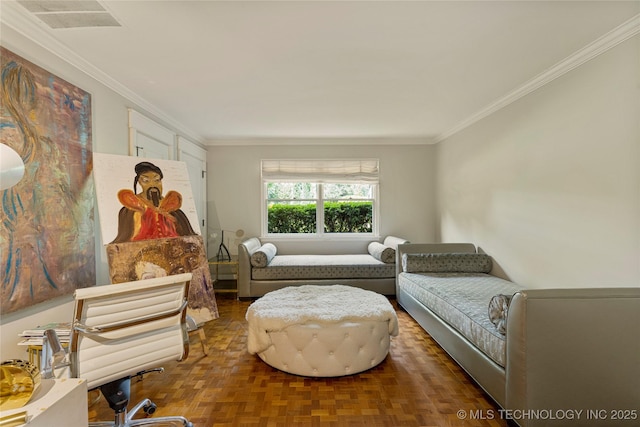 living area featuring dark parquet flooring and ornamental molding