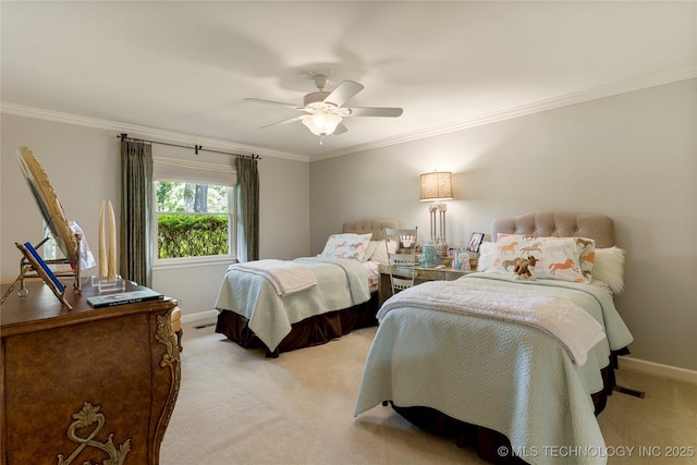 bedroom with ceiling fan, ornamental molding, and light colored carpet