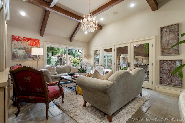 living room with high vaulted ceiling, french doors, beamed ceiling, and a chandelier