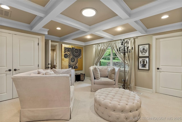 carpeted living room featuring ornamental molding, beam ceiling, and coffered ceiling