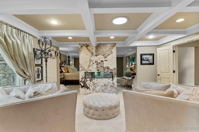 living room with a fireplace, beamed ceiling, coffered ceiling, and ornamental molding