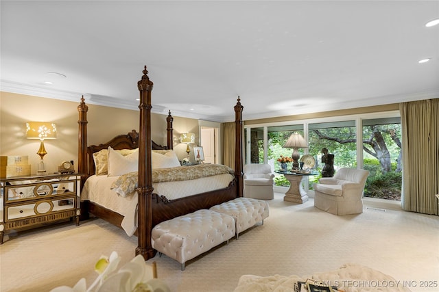 bedroom featuring light carpet and ornamental molding