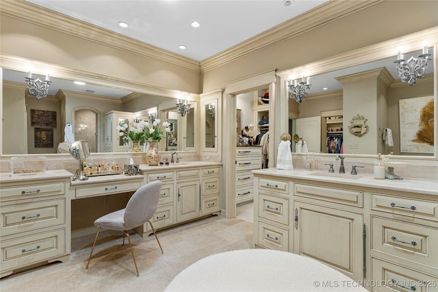 bathroom with vanity and ornamental molding