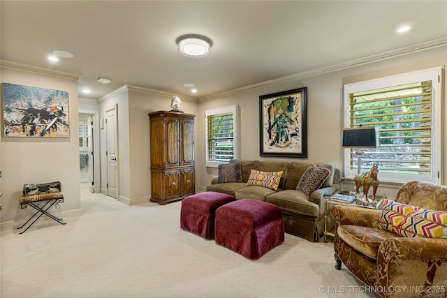 carpeted living room with ornamental molding