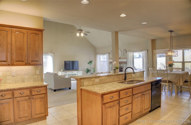 kitchen with light tile patterned floors, black dishwasher, tasteful backsplash, decorative light fixtures, and sink