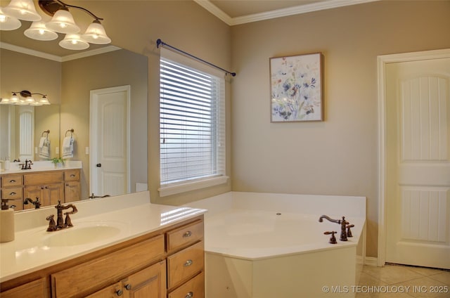 bathroom with vanity, tile patterned flooring, a bathing tub, and crown molding