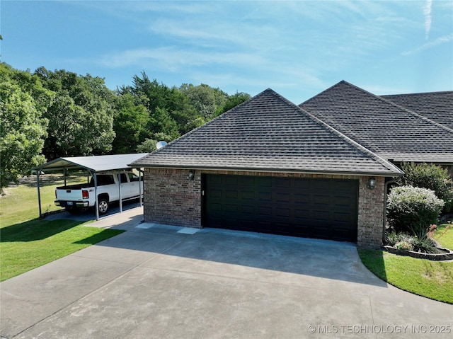 view of side of home featuring a garage, a yard, and a carport