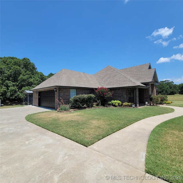 ranch-style home with a front lawn, a carport, and a garage