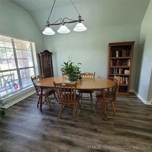 dining space featuring dark hardwood / wood-style floors and lofted ceiling