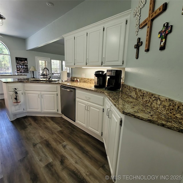 kitchen with white cabinetry, dishwasher, kitchen peninsula, and sink