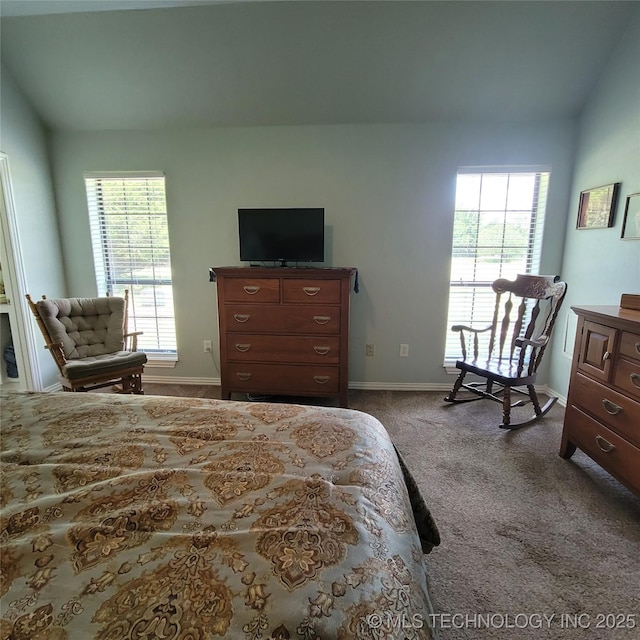 carpeted bedroom with vaulted ceiling and multiple windows