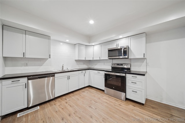 kitchen with appliances with stainless steel finishes, white cabinetry, and sink