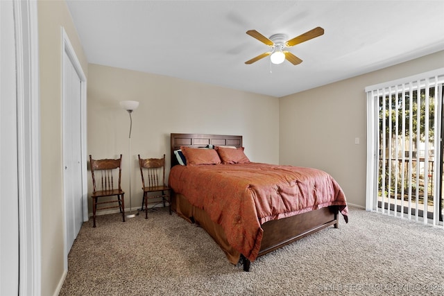 bedroom featuring ceiling fan, multiple windows, a closet, and carpet floors