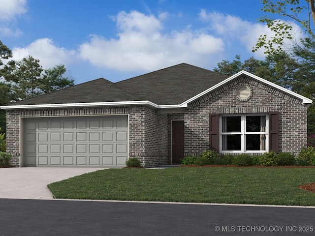 single story home featuring a front lawn and a garage