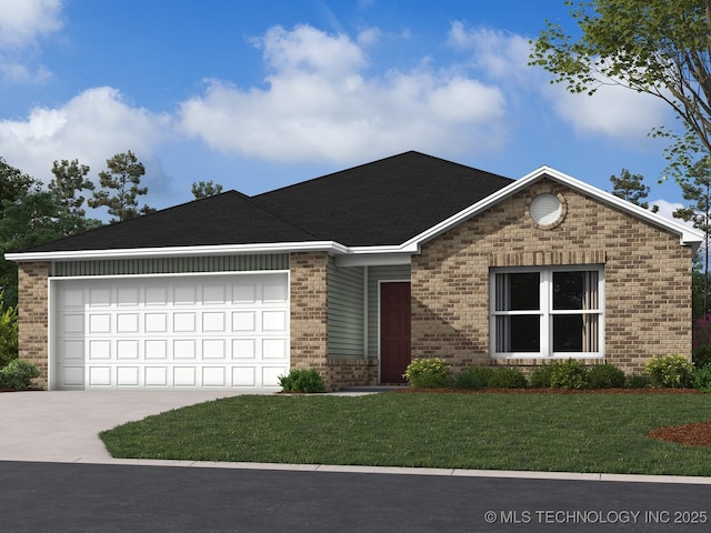 view of front of property with a garage and a front lawn