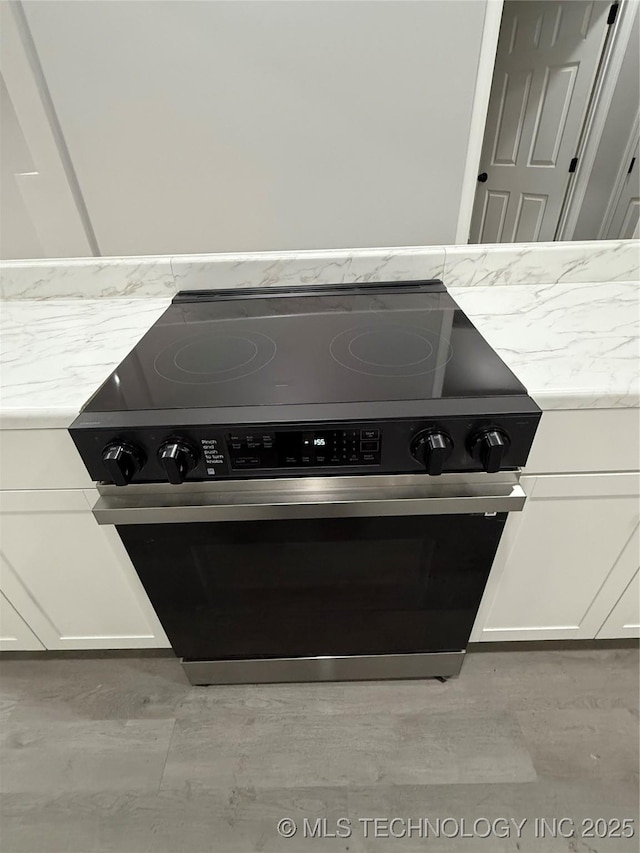 details with stainless steel range with electric cooktop and white cabinetry