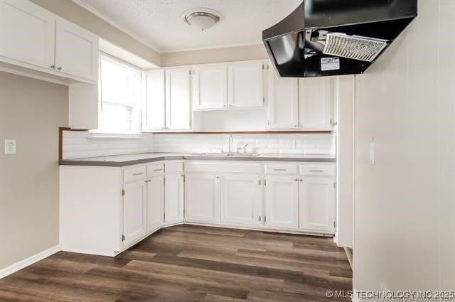 kitchen featuring dark hardwood / wood-style flooring, extractor fan, white cabinets, and sink