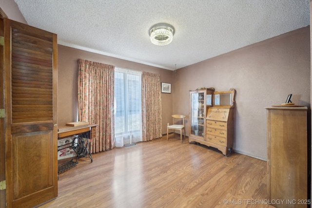 interior space with a textured ceiling and light wood-type flooring