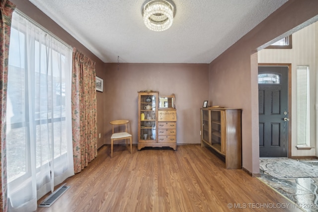 living area with wood-type flooring and a textured ceiling