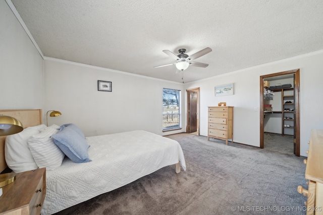 bedroom featuring crown molding, a walk in closet, light colored carpet, a closet, and ceiling fan