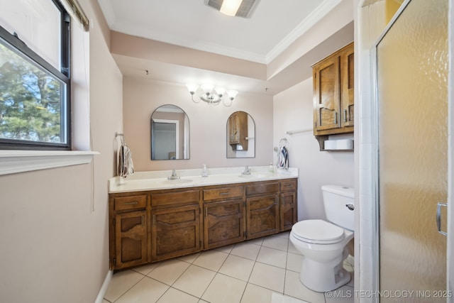 bathroom with tile patterned flooring, ornamental molding, vanity, an enclosed shower, and toilet