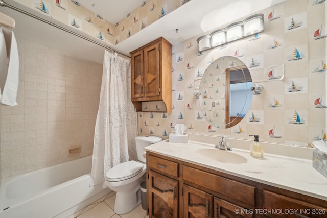 full bathroom featuring toilet, tile patterned floors, shower / bathtub combination with curtain, and vanity