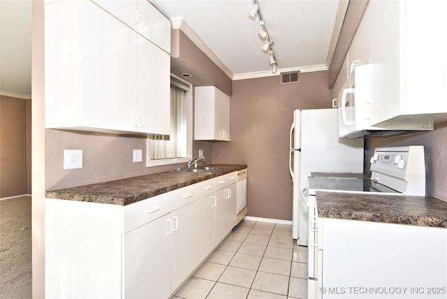 kitchen featuring white cabinets, white appliances, ornamental molding, and sink