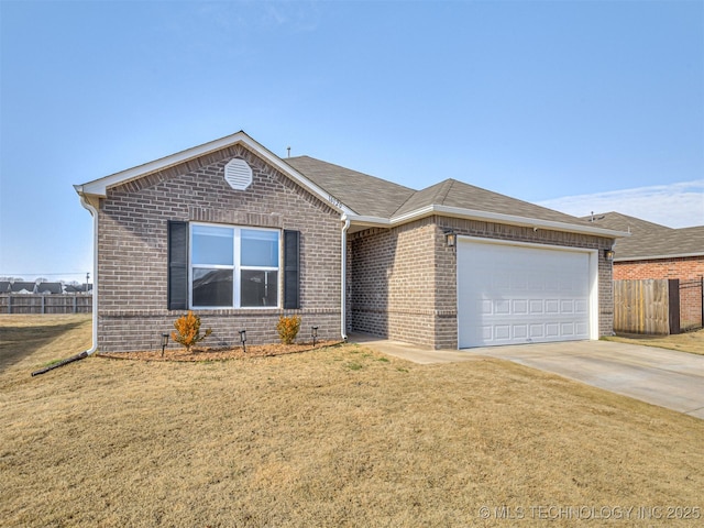 single story home featuring a front lawn and a garage