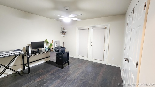 office area with ceiling fan and dark wood-type flooring