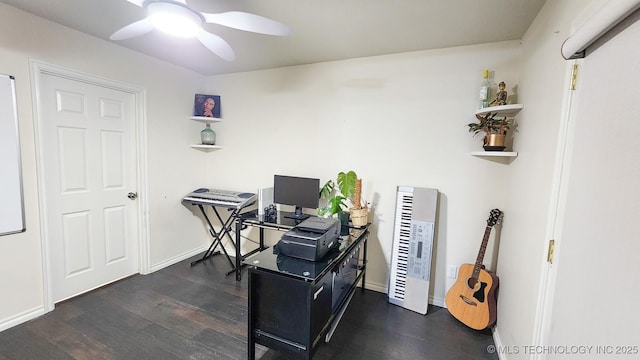 office space featuring ceiling fan and dark hardwood / wood-style floors