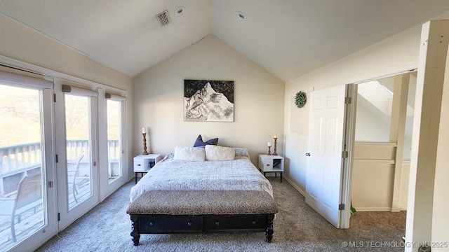 bedroom with access to outside, french doors, carpet, and lofted ceiling