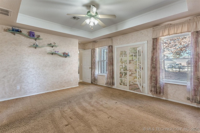 spare room featuring a raised ceiling, ceiling fan, ornamental molding, and carpet flooring