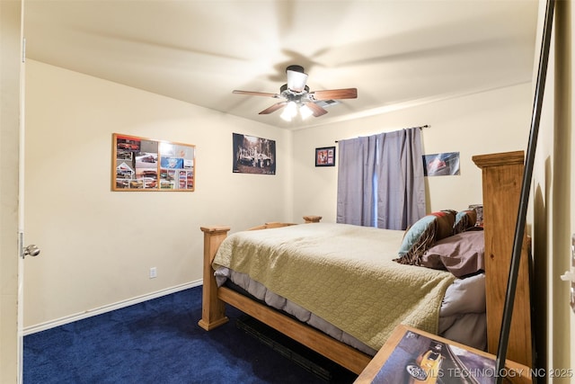 bedroom with ceiling fan and carpet