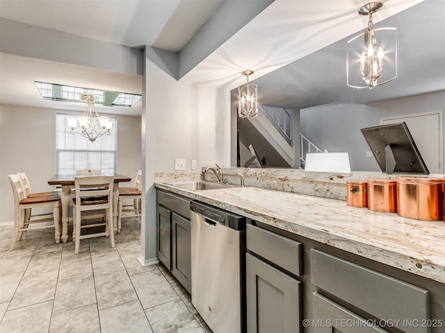 kitchen featuring gray cabinets, dishwasher, hanging light fixtures, and sink