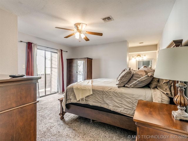 bedroom with ceiling fan, access to exterior, and light carpet