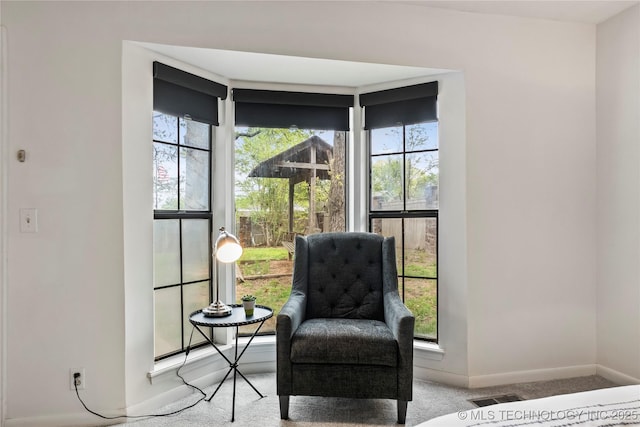 living area with carpet, visible vents, and baseboards