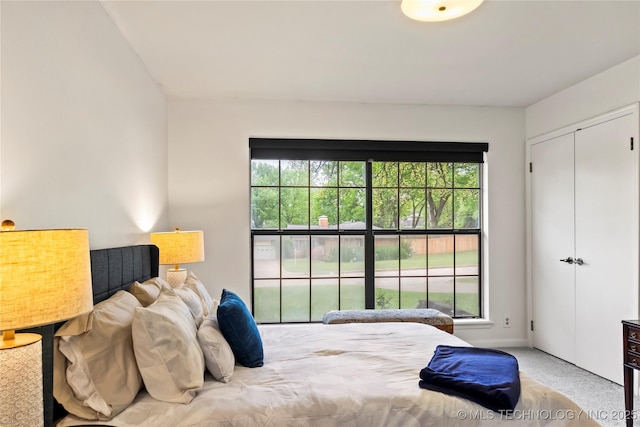 carpeted bedroom featuring multiple windows