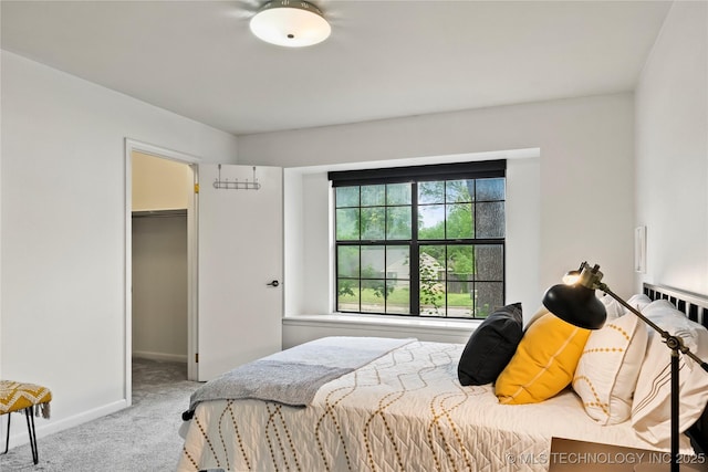 bedroom with a closet, carpet flooring, a walk in closet, and baseboards