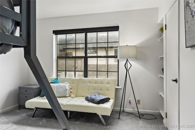 living area featuring carpet floors and baseboards