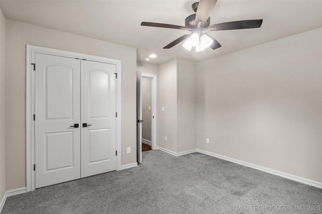 unfurnished bedroom with ceiling fan, carpet, a closet, recessed lighting, and baseboards