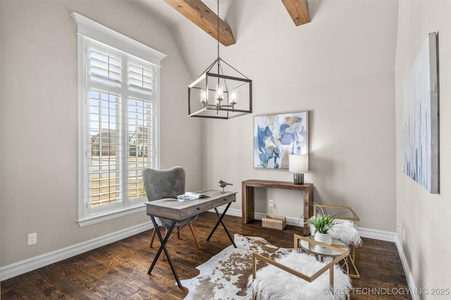 home office featuring a chandelier, wood finished floors, beamed ceiling, and baseboards