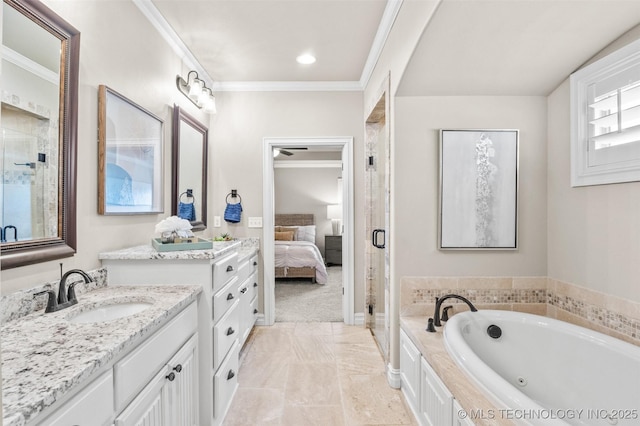 full bathroom with connected bathroom, a shower stall, vanity, ornamental molding, and a whirlpool tub