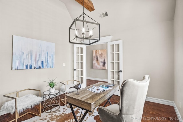 office space with visible vents, baseboards, wood finished floors, french doors, and high vaulted ceiling