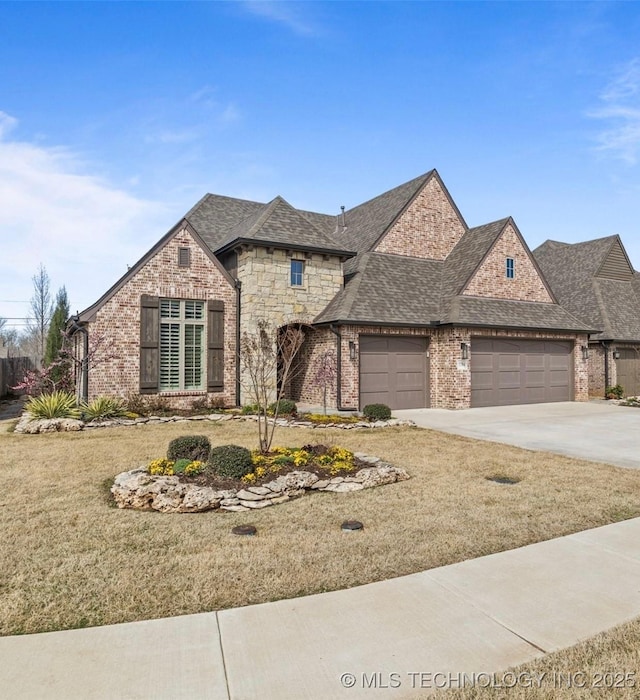 french country home featuring a shingled roof, stone siding, a garage, brick siding, and driveway