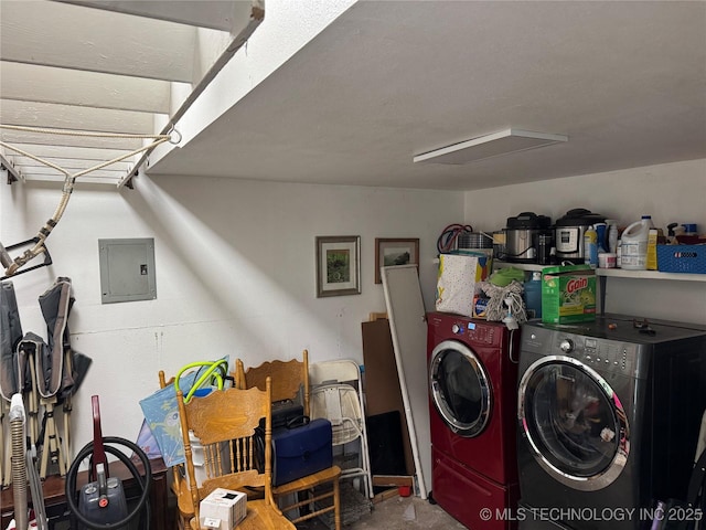 laundry area featuring electric panel and washer and clothes dryer