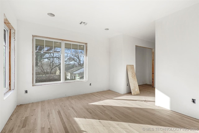 spare room with a wealth of natural light and light hardwood / wood-style flooring