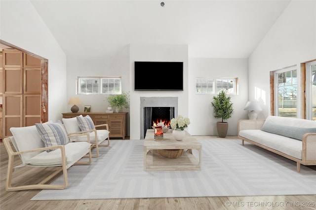 living room with light hardwood / wood-style floors and high vaulted ceiling